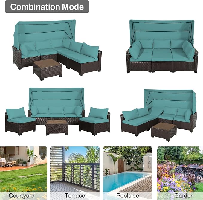 6 PCS Outdoor Patio Furniture Set,Sectional Sofa Set,Rattan Daybed with Retractable Canopy,Adjustable Backrest,Storage Coffee Table,Chaise Chair Sunbed for Garden Poolside Backyard(Walnut Green) - LeafyLoom