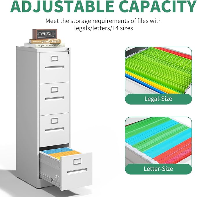 4 Drawer File Cabinet,Metal Filing Cabinets with Lock,White Vertical File Cabinet for Home Office,Heavy Duty Metal Storage Cabinet for A4/Letter/Legal Size File,Assembly Required - LeafyLoom