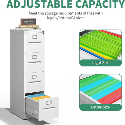 4 Drawer File Cabinet,Metal Filing Cabinets with Lock,White Vertical File Cabinet for Home Office,Heavy Duty Metal Storage Cabinet for A4/Letter/Legal Size File,Assembly Required - LeafyLoom