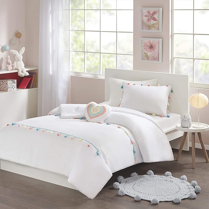 Mi Zone Kids Tessa Cozy Comforter Set, Colorful Fun Design All Season Children Bedding Girls Bedroom Décor, Full/Queen, White with Colorful Tassel 4 Piece - LeafyLoom