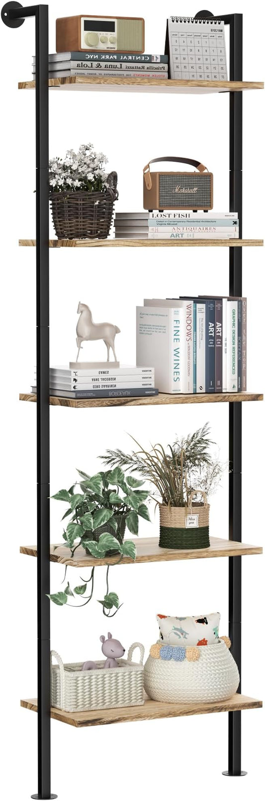 5-Tier Bookshelf Solid Wood Ladder Shelf, Narrow Book shelf Display Shelf, Wooden Ladder Shelf Bookcase, Wall Mount Ladder Shelf, Storage Rack for Living Room, Bedroom, Industrial Style, Rustic Brown - LeafyLoom