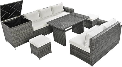 6-Piece Outdoor Furniture Set with Dining Table, Adjustable Seat and Storage Box, All Weather PE Rattan Patio Conversation Sofa L-Shaped Couch for Garden Lawn, Grey Wicker+Beige Cushion - LeafyLoom