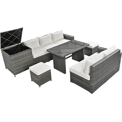 6-Piece Patio Furniture Set, L-Shaped Outdoor PE Wicker Rattan Sectional ConversationSet with Adjustable Seat, Storage Box, Removable Covers and Tempered Glass Top Table, for Backyard - LeafyLoom