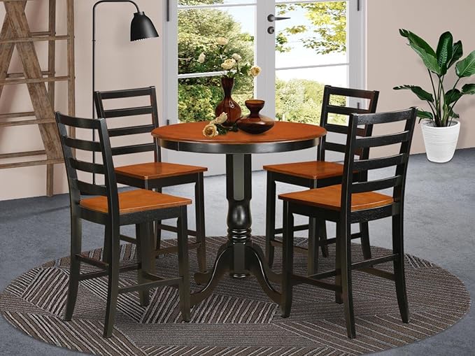 East West Furniture JAFA5-BLK-W 5 Piece Counter Height Pub Set Includes a Round Dining Table with Pedestal and 4 Kitchen Dining Chairs, 36x36 Inch, Black & Cherry - LeafyLoom