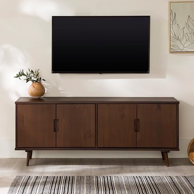 Walker Edison Genia Mid-Century Modern Solid Wood Stand for TVs up to 65 Inches, Walnut - LeafyLoom