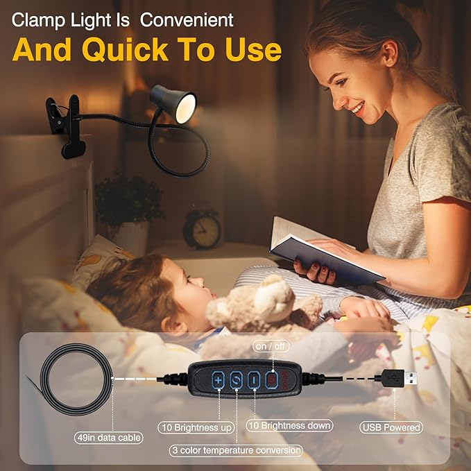 Clip on Light Reading for Bed LED Desk Lights 3 Color Modes 10 Brightness USB Lamp Eye Care 360° Flexible Gooseneck Dimmable for Headboard Computer Read Books Task Lamps with Adapter Bookmark(Black) - LeafyLoom