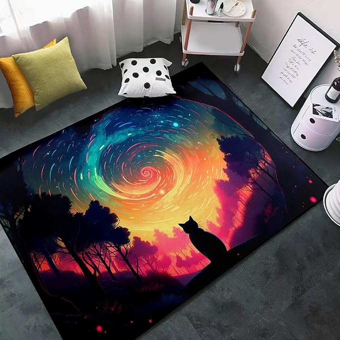 Moon Black Cat Rug - Mystical Stary Night Cat Rug for Kids Bedroom Colorful Black Cat Rug Decor Room Cat Door Mats Outdoor Entrance, 3x4 Feet - LeafyLoom