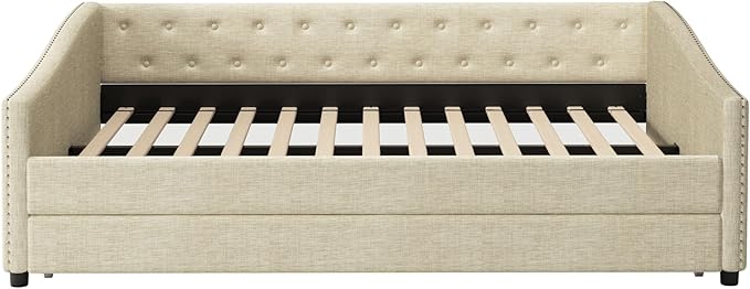 Full Size Upholstered Daybed with Twin-Size Trundle,Elegant Wood Sofa Bed w/Button Tufted Back and Waved Shape Arms & Nailhead,Slat Support,for Apartment,Bedroom,Living Room,Beige - LeafyLoom