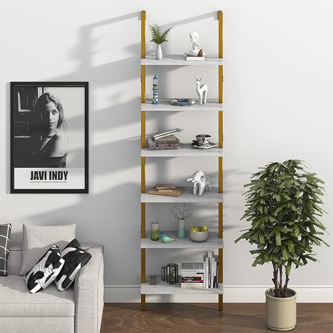 Ladder Shelf 6 Tiers Marble White Modern Bookshelf Open Tall Wall Mount Bookcase Standing Leaning Wall Shelves Industrial Decorative Living Room Bed Room - LeafyLoom