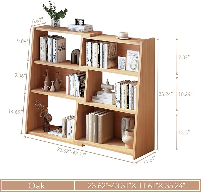 IOTXY Wooden Extendable Shelf Bookcase - 3-Tier Ladder Low Short Bookshelf for Small Space or Corner, Oak, S - LeafyLoom