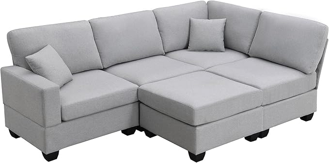 89.8" Modern Sectional Sofa with Convertible Ottoman and 2 Pillows,L-Shape Linen Fabric Corner Couch 5 Set W/Back & Cushion,can Hold up to 330 Lbs,for Apartment,Living Room,Light Grey - LeafyLoom