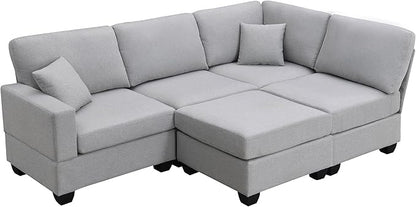 89.8" Modern Sectional Sofa with Convertible Ottoman and 2 Pillows,L-Shape Linen Fabric Corner Couch 5 Set W/Back & Cushion,can Hold up to 330 Lbs,for Apartment,Living Room,Light Grey - LeafyLoom