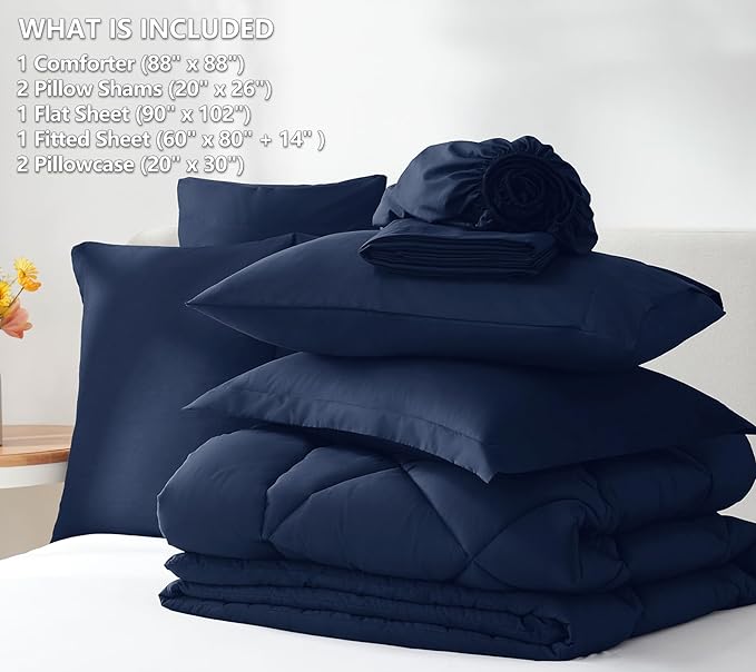 CozyLux Queen Bed in a Bag 7 Pieces Comforter Set with Comforter and Sheets Navy Blue All Season Bedding Sets with Comforter, Pillow Shams, Flat Sheet, Fitted Sheet and Pillowcases - LeafyLoom