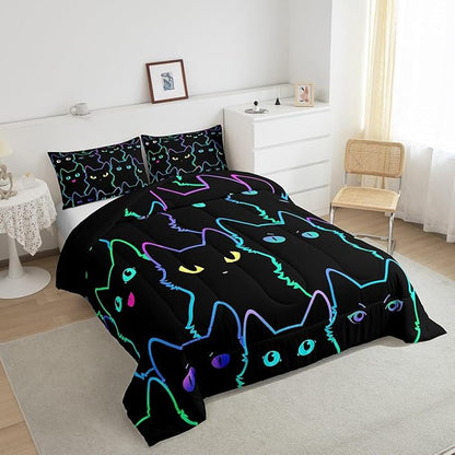 Erosebridal Cute Cat Kids Comforter Neon Rainbow Line Cat King Bedding Set for Boys Girls Teen Cartoon Kawaii Cats Toddler Bed Set Colorful Animals Quilt Set Reversible Black,2 Pillow Cases - LeafyLoom