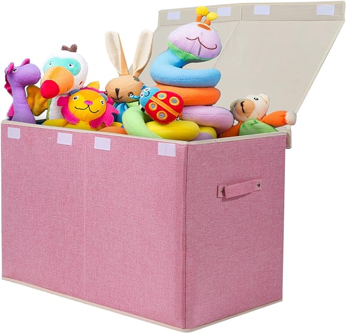 popoly Large Toy Box Chest Storage with Flip-Top Lid, Collapsible Kids Storage Boxes Container Bins for Childrens Toys, Playroom Organizers, 25"x13" x16" (Linen Pink) - LeafyLoom