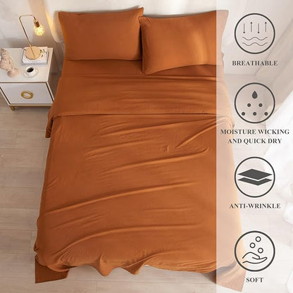 Caramel Pumpkin Sheets for Queen Size Bed,4 Piece Cooling Sheets Queen Deep Pocket up to 16 Inch,Solid Rust Bedding Sheets & Pillowcases Set,Wrinkle,Fade,Stain Resistant - 4 Piece(Queen,Pumpkin) - LeafyLoom