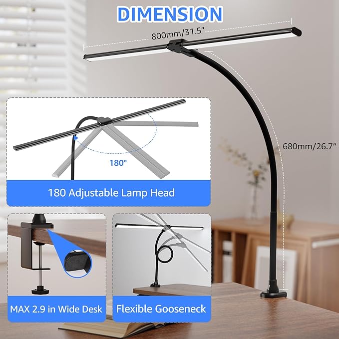 ShineTech LED Desk Lamp for Home Office, 5000K Bright Double Head Architect Task Lamps with Clamp, Dimmable Adjustable Flexible Gooseneck, Black - LeafyLoom