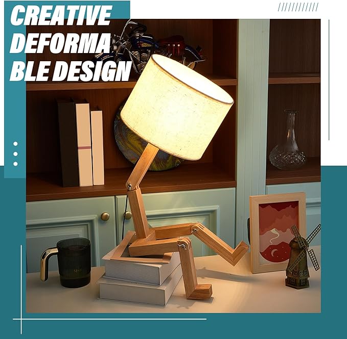 Robot Cute Desk Lamp Novelty Wooden Creative Table Lamp with Wood Base Adjustable Shape Bedside Fun Funky Lamp Reading Wood Lamp DIY Fun Robot Lamp for Bedroom, Office, Study Desk, Kids Room - LeafyLoom