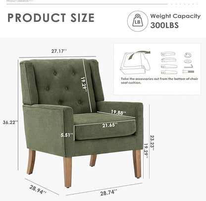 COLAMY Mid-Century Accent Chairs, Modern Wingback Living Room Chair, Upholstered Armchair with Button Tufted Back and Wood Legs for Bedroom/Office/Reading Spaces, Green - LeafyLoom