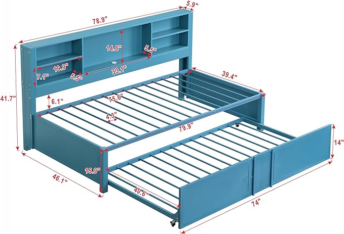 Metal Twin Size Daybed with Trundle and Storage Headboard, USB Charging Port, for Living Room Bedrooms, Blue - LeafyLoom