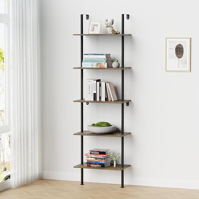 5 Tier Ladder Shelf Bookcase, Extra Sturdy Modern Bookshelf Wall Mounted, Tall Black Open Book Shelf, Standing Industrial Metal Frame with Wooden Shelves, 67“ (H) × 17(W) - LeafyLoom