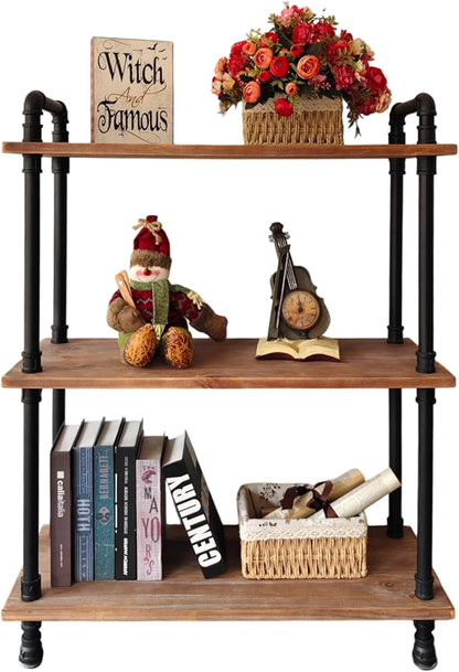 3 Tier Industrial Pipe Bookcase, Rustic Farmhouse Bookshelf with Solid Wood for Living Room, Kitchen, Office - LeafyLoom