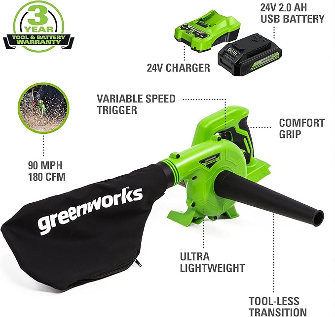 Greenworks 24V (90 MPH / 180 CFM / 125+ Compatible Tools) Cordless Shop Blower, 2.0Ah Battery and Charger Included - LeafyLoom