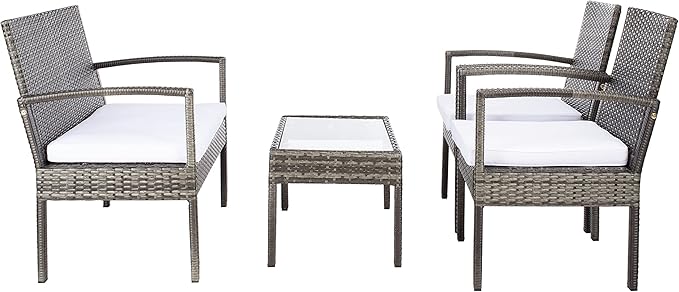 SAFAVIEH Outdoor Collection Bassey Grey Brown/White Cushion 4-Piece Conversation Patio Set PAT7507C - LeafyLoom