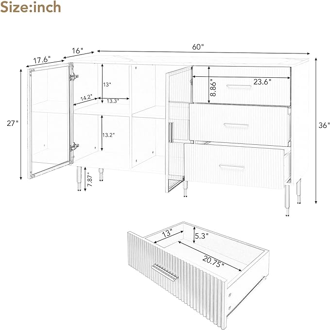 Modern Sideboard MDF with Marble Sticker Tabletop and Amber-Yellow Tempered Glass Doors,Freestanding Buffet Storage Cabinet,W/Gold Metal Legs & Handles,for Dining Room,Kitchen,Black, 60" - LeafyLoom