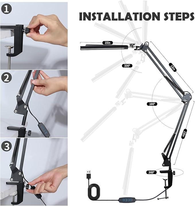 Double Swing Arm Bright LED Desk Light Adjustable Foldable Desk Lamp for Home Office, 3 Colors Lighting & Stepless Dimming Dimmable Table Desk Light for Work/Study/Craft - LeafyLoom