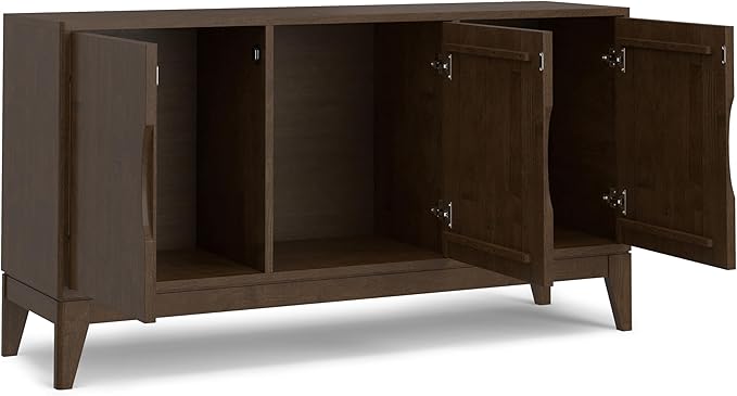 SIMPLIHOME Harper Solid Hardwood and Rubberwood 60 inch x 17 inch Rectangle Mid Century Modern 3 Door Sideboard Buffet/Storage Cabinet in Walnut Brown for The Dining Room and Kitchen - LeafyLoom