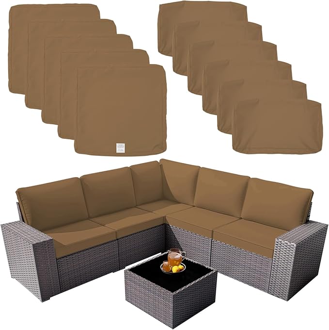 ClawsCover 11Pack Outdoor Seat and Back Cushions Replacement Covers Fit for 5-Seater 6Pieces Wicker Rattan Patio Furniture Conversation Set Sectional Couch Chairs,Taupe-Included Cover Only - LeafyLoom