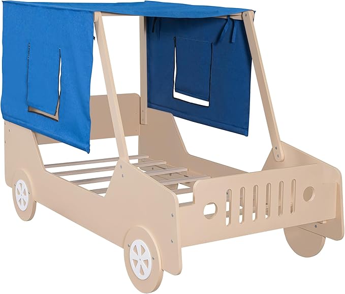 Twin Size Race Jeep Car Bed Platform Bed with Tent Canopy and Wheels,Wood Bed Frame W/Raised Bed Design,for Kids Boys Girls Teens,White+Natural - LeafyLoom