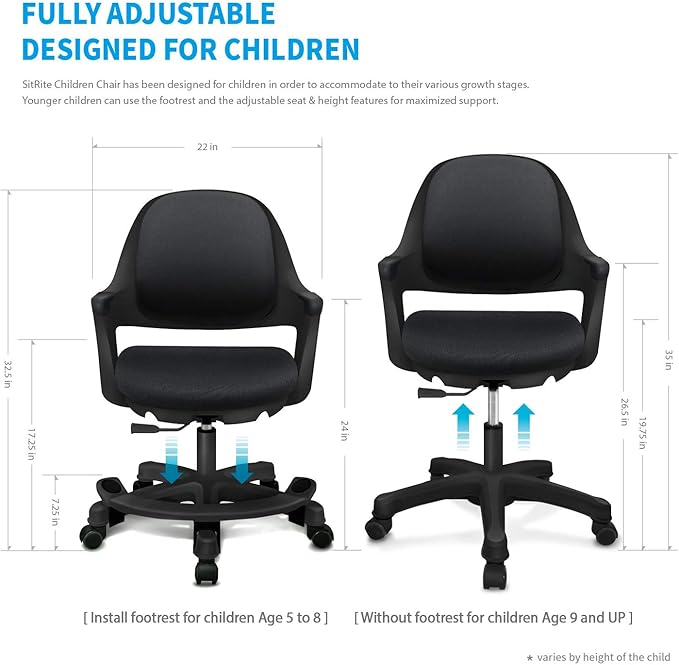 Kids Desk Chair: Ergonomic Kids Computer Chair | Adjustable Kids Office Chair with Wheels & Arms | Study Chair for Girls and Boys - Kids Chair Desk with Wheel Covers (Piano Black) - LeafyLoom