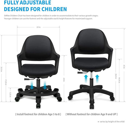 Kids Desk Chair: Ergonomic Kids Computer Chair | Adjustable Kids Office Chair with Wheels & Arms | Study Chair for Girls and Boys - Kids Chair Desk with Wheel Covers (Piano Black) - LeafyLoom