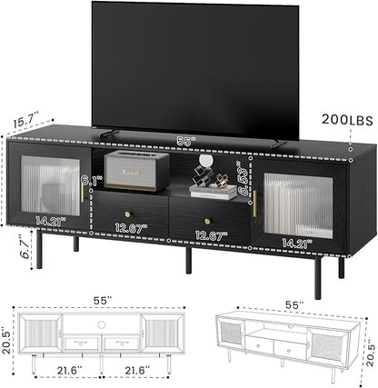 TV Stand for 65 Inch TV, Modern Entertainment Center with 2 Cabinets and 2 Drawers, Mid Century TV Stand for 55/60/65 inch TV, Media Console for Bedroom, Living Room and Office, Black - LeafyLoom