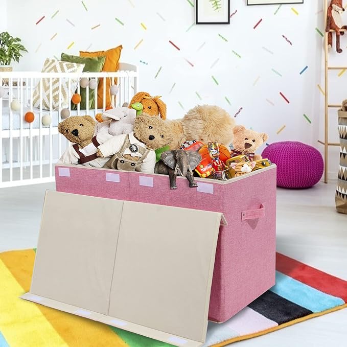 popoly Large Toy Box Chest Storage with Flip-Top Lid, Collapsible Kids Storage Boxes Container Bins for Childrens Toys, Playroom Organizers, 25"x13" x16" (Linen Pink) - LeafyLoom