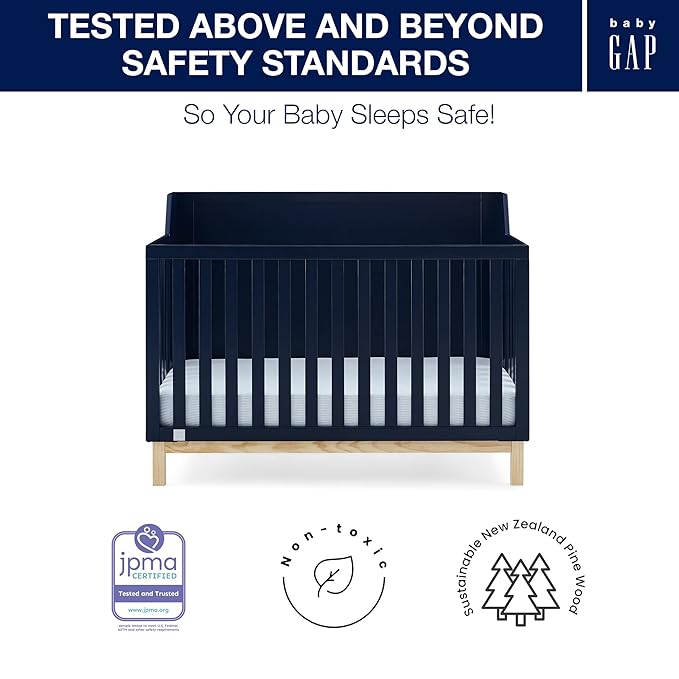 babyGap by Delta Children Oxford 6-in-1 Convertible Crib TrueSleep 2-Stage Deluxe Crib and Toddler Mattress (Bundle), Navy/Natural - LeafyLoom