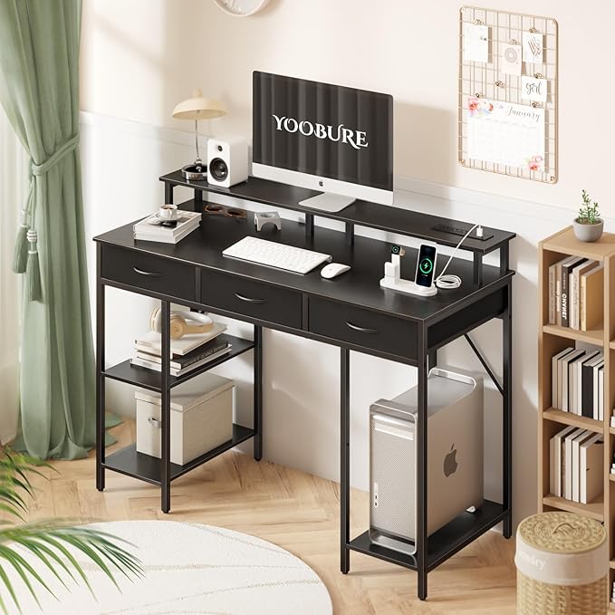 Yoobure Computer Desk with Drawers, Office Desk with LED Lights & Outlets, Small Desk with Storage Shelves, Gaming Desk 48" Home Office Desks with Monitor Stand, Writing Desk for Bedroom Small Spaces - LeafyLoom