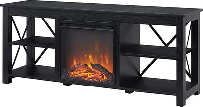 Henn&Hart Rectangular TV Stand with Log Fireplace for TV's up to 65" in Black, TV Stands for the Living Room - LeafyLoom