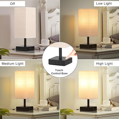 Ambimall Beige Table Lamp with USB Ports - 3 Way Touch Lamps Beside Desk, Nightstand Lamp for Bedrooms Living Room, Beige Shade with Black Base, LED Bulb Included(Beige) - LeafyLoom