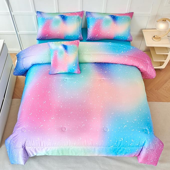 URBONUR Girls Full Bedding Set 6 Pieces Rainbow Comforter Set Full Size Multicolor Stars Printed Bed in a Bag, Soft & Fluffy Kids Bed Sets - LeafyLoom