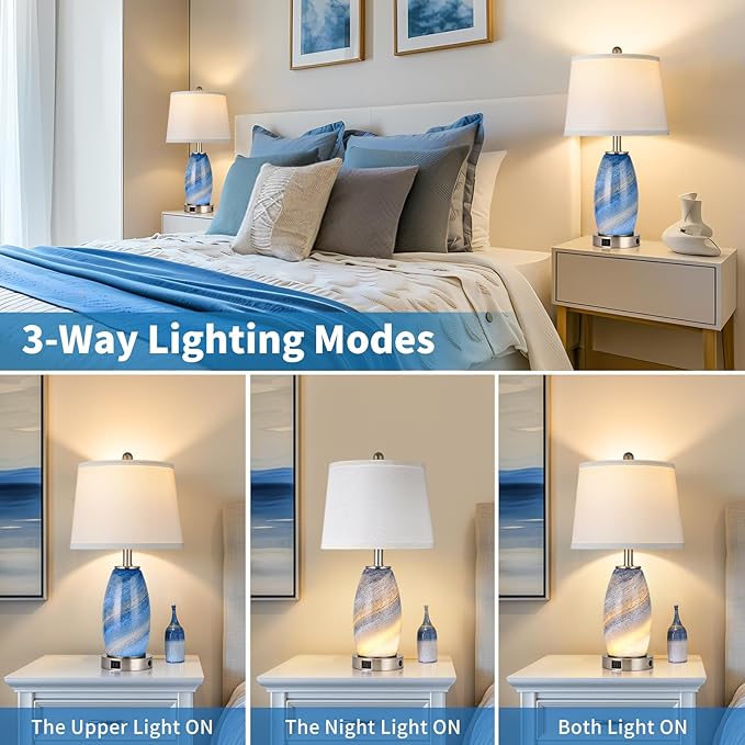 Table Lamps Set of 2, 3-Way Lighting Modes Modern Table Lamps for Bedroom, Blue Bedside Lamps with USB C+A, Glass Nightstand Lamps, 23.5" Table Lamps for Living Room Bedroom Decoration - LeafyLoom