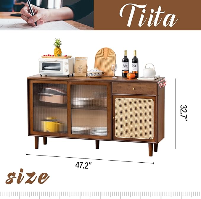 Tiita Bamboo Sideboard Buffet Cabinet, Rattan Kitchen Storage Cabinet with Drawer, Boho Coffee Bar Tables for Kitchen Living Room Hallway Office, Walnut - LeafyLoom