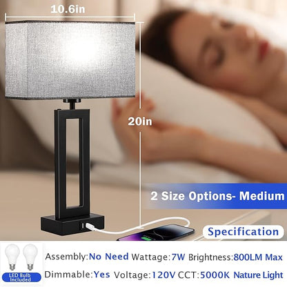 Nightstand Lamps for Bedrooms Set of 2 Touch Control Table Lamp Bedside Lamp with USB C+A, 3 Way Dimmable Living Room Lamps for End Tables Modern Night Stand Lamps for Bed Side Guest Room, Gray&Black - LeafyLoom