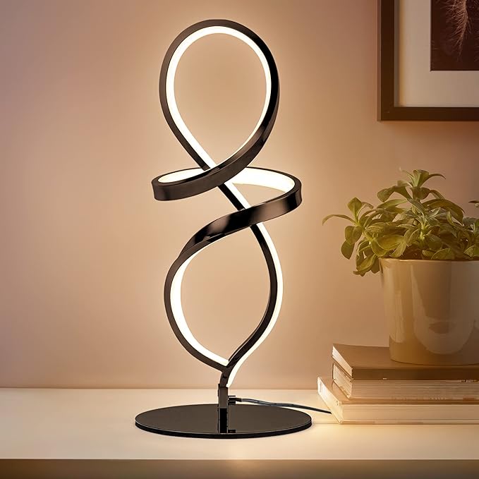 Modern Table Lamp, LED Spiral Lamp, Black Bedside Lamp with Stepless Dimming Switch, Contemporary Nightstand Lamp, LED Lamp for Bedroom Living Room Home Office, 12W, 3200K Warm White - LeafyLoom