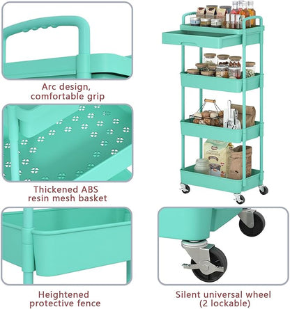 4-Tier Rolling Cart，Trolley with Drawer, Kitchen Storage Organizer with Plastic Shelf & Metal Wheels, Storage Cart for Living Room, Kitchen, Office, Bathroom, Green - LeafyLoom