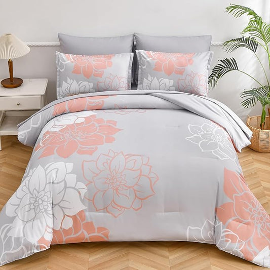 Floral Comforter Set Queen 7 Piece Bed in a Bag Coral Flower Comforter with Sheet Set Soft Micorfiber Bedding Set (1 Comforter,2 Pillow Shams,1 Flat Sheet,1 Fitted Sheet,2 Pillowcases) - LeafyLoom