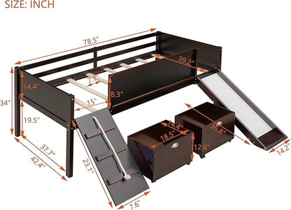 Twin Size Low Loft Bed with Slide and 2 Storage Boxes,Kids Low Loft Bed Frame with Climbing and Chalkboard,Solid Loft Bed Twin for Boys,Girls,Espresso - LeafyLoom