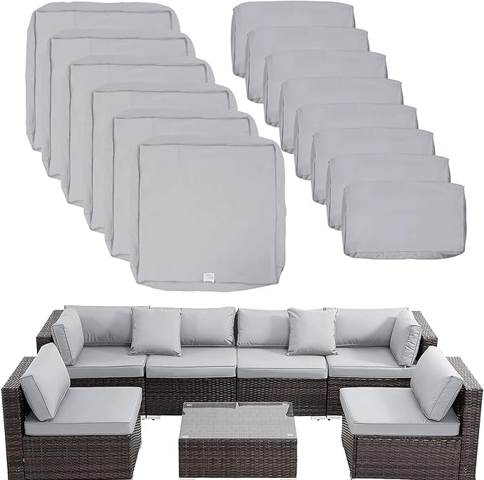 ClawsCover 14Pack Outdoor Patio Seat and Back Cushions Replacement Covers Fit for 7Pieces 6-Seater Wicker Rattan Sectional Couch Chair Furniture Set,Gray-Include Cover Only (Large) - LeafyLoom